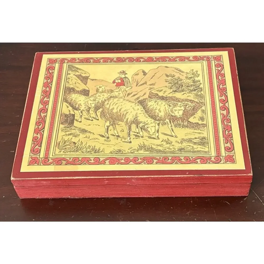 German Folk Art Wooden Box Alpine Shepherd Sheep Putz Style Trinket Decor